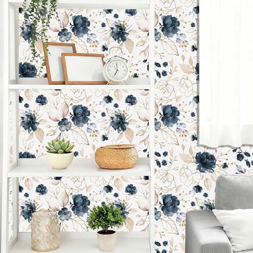 Navy Blue Floral Peel and Stick Wallpaper 17.7"x78.8" - color: Navy Blue/White/Gold/Beige, size: 17.7" x 78.8"
