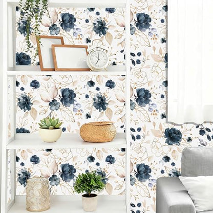 Navy Blue Floral Peel and Stick Wallpaper 17.7"x78.8" - color: Navy Blue/White/Gold/Beige, size: 17.7" x 78.8"