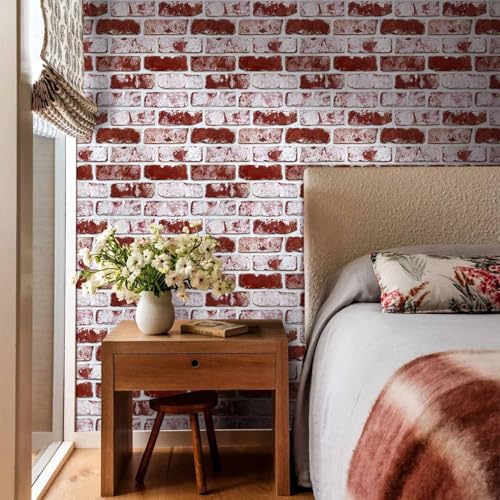 COMSTICKC 3D Faux Brick Wall Panels Peel and Stick, 10 Pcs 11.8" x 11.8" - color: Whitewash Red - 2