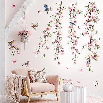 decalmile Pink Flower Vine Leaves Birds Sofa TV Wall Decals Stickers - color: A