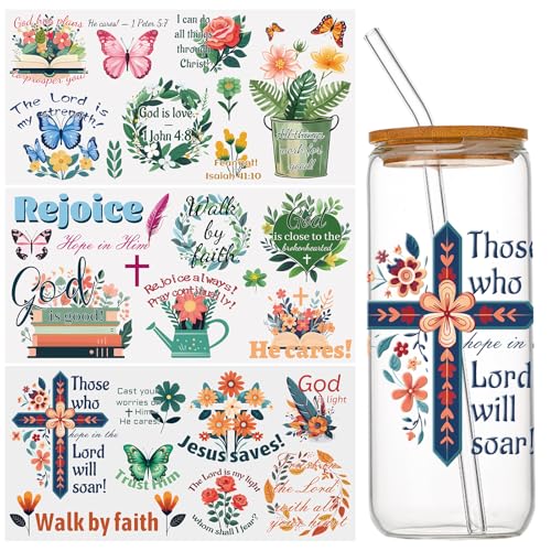 WANDIC 3 Sheets UV DTF Rub on Transfer Stickers, Bible Verses 3D Cup Warp Waterproof Decals for DIY Glass Crafts, Jesus, Encourage Copywriting, 15 * 30cm - color: Colorful Bible Verses