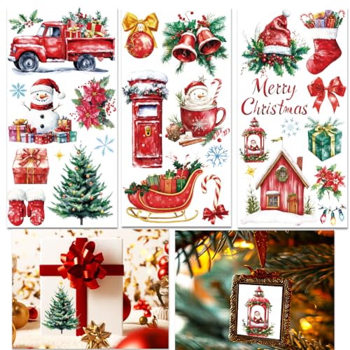 INFUNLY 3 Sheet Merry Christmas Rub on Transfers for Crafts 6x12 Christmas Tree Bell Furniture Rub on Transfer Sticker Snowman Transfer Decals Waterproof for Wood Glass Scrapbook DIY Paper Home Decor - style: Christmas Theme 2
