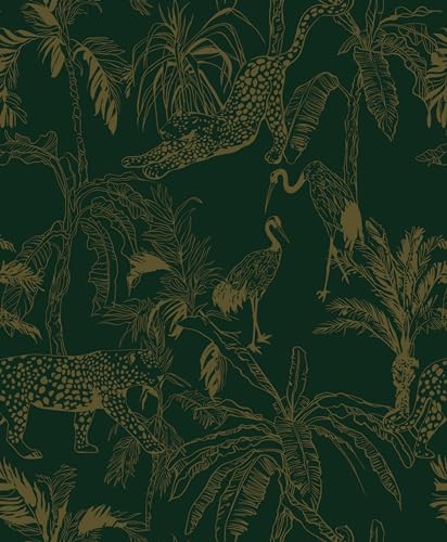 Heroad Dark Green Peel and Stick Wallpaper Boho Contact Paper Jungle Wall Paper Removable Self Adhesive Cheetah Wallpaper for Bedroom Living Room Cabinet Waterproof Bathroom Vinyl Roll 17.3"x78.7" - color: Dark Green&Gold, size: 17.3" x 78.7"