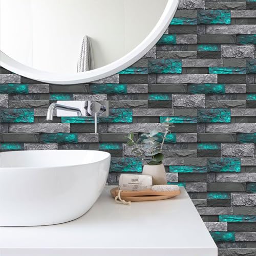 Alwayspon 24Pcs 12x6inch Peel&Stick Wall Sticker Vinly Wallpaper, Waterproof Backsplash for Kitchen Bathroom, Self-Adhesive Tile Transfers Decal Stick on Tiles with Green Stone Brick Effect - color: Fg-l08, size: 24 Pcs