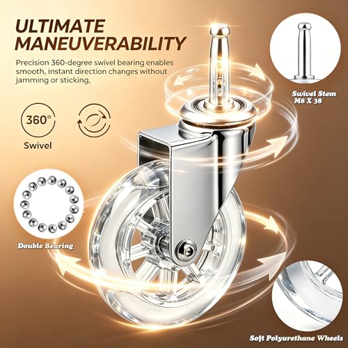 4" Swivel Caster Wheels, M8×38mm, Crystal Clear, Set of 4 - size: 4",No Brake