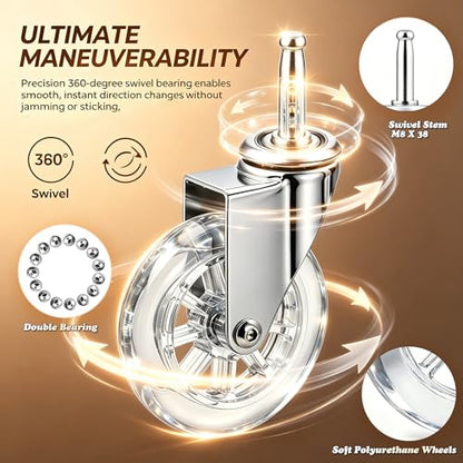 4" Swivel Caster Wheels, M8×38mm, Crystal Clear, Set of 4 - size: 4",No Brake