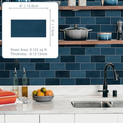 100-Sheet Subway Peel and Stick Backsplash Tile, 6" x 3" Blue Mixed Stone Composite Handmade Looks Self Adhesive Waterproof Wall Tile, Stick on Tiles for Kitchen Bathroom - color: Blue Mixed, size: Subway