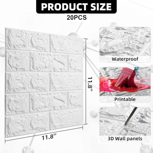 3D Wall Panels Peel and Stick Faux Foam Brick Wallpaper Covering - color: White, size: 20 Pcs