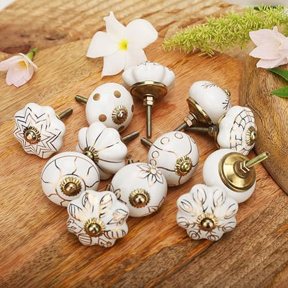 Craft Trade Decorative Ceramic Cabinet & Drawer Knobs – Kitchen Cabinet Hardware, Wardrobe, Cupboard & Dresser Pull Handles – Handmade Furniture Knobs (Off White, Set of 12) - color: Gold, style: 12