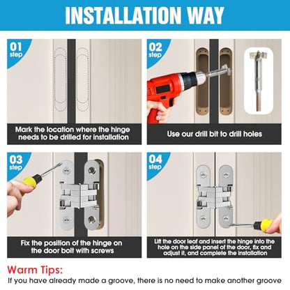 Invisible Cabinet Hinges 180° Silver, 4-Pack - color: Silver-4PCS, size: B: Door Thick(11/6"~1")
