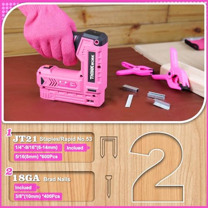 THINKWORK Pink Electric Staple Gun - 2 in 1 Nail Gun Battery Powered