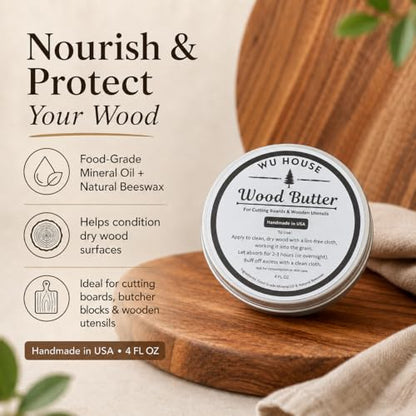 Wood Butter Cutting Board Wax, Food Grade Mineral Oil and Beeswax Conditioner for Butcher Blocks, Wooden Utensils and Serving Boards, Handmade in USA (4 FL OZ) - size: 4 Fl Oz