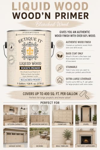 Retique It Wood'n Primer - Paint it then stain it - Stainable Wood Fiber Paint (Bleached Wood, X-Large) - color: Bleached Wood, size: 128 Fl Oz (Pack of 1)