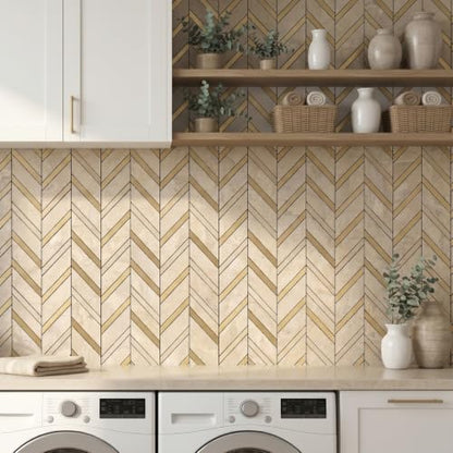 Yipscazo 10-Sheet Herringbone Peel and Stick Backsplash, Beige Stone Mixed Metal Gold PVC Stick on Tiles for Kitchen, Waterproof Self Adhesive Wall Tiles for Bathroom - color: Beige Stone