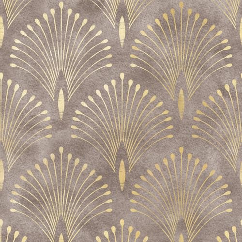 Art Deco Peel and Stick Wallpaper Peacock Feather Geometric Vintage Elegant Neutral Metallic Gold Brown Tan Accent Wallpaper Renter Friendly Modern Vintage Contact Paper for Cabinets 17.5x80 HelloWall