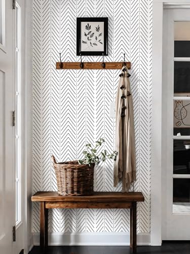 Black and White Wallpaper Striped Contact Paper Modern Wall Paper Peel and Stick Herringbone Renter Friendly Self-Adhesive Waterproof Removable Bathroom Bedroom Vinyl 17.3" x 78.7" - color: White and Black, size: 17.3" x 78.7"