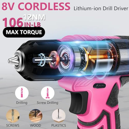 JENABOM 8V Pink Cordless Drill, 3/8" Keyless Chuck, Variable Speed - color: Pink