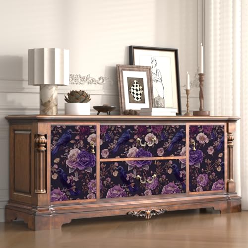 Laatse Gothic Dark Purple Crow Floral Wallpaper Peel and Stick 17.5"x393" - color: Dark Purple, size: 17.5" x 393"