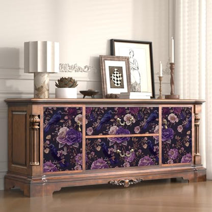Laatse Gothic Dark Purple Crow Floral Wallpaper Peel and Stick 17.5"x393" - color: Dark Purple, size: 17.5" x 393"