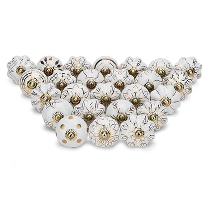 Craft Trade Decorative Ceramic Cabinet & Drawer Knobs – Kitchen Cabinet Hardware, Wardrobe, Cupboard & Dresser Pull Handles – Handmade Furniture Knobs (Off White, Set of 25) - color: Gold, style: 25