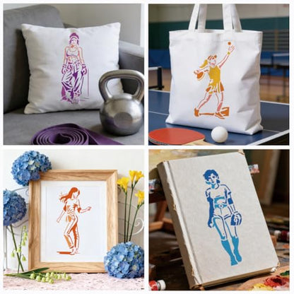 12 Sheets Women's Exercise Stencil for Painting, Woman Practicing Drawing Stencil Sports Theme Stencils Reusable Lady Motivational Template for Painting on Wall Wood Home Decor - style: Female Exercise