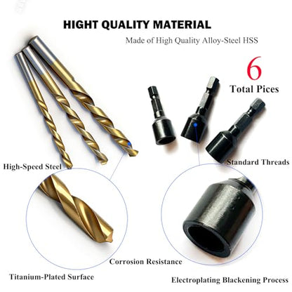 3 Set（6pcs） Hanger Bolt Driver and Drill,3Sizes Alloy-Steel Driver HSS Twist Drill for 1/4"-20 5/16"-18 3/8"-16 Double Headed Wood Screws Fully All Threaded Rod,Threaded Insert Hexagon Head Bits - size: Driver&Drill 1/4"+5/16"+3/8"