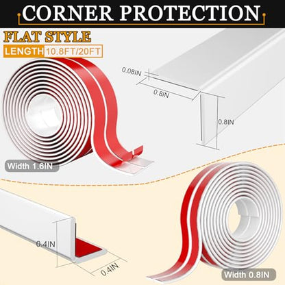 Wall Corner Protector Self-Adhesive Flexible – Durable Rubber, Furniture Edge Guard, Easy to Install, White, Prevents Wall Damage, Ideal for Home or Office Use - size: 1.6in×20ft