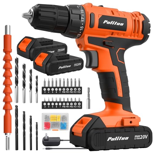 PULITUO 20V Cordless Drill/Driver, 2 Batteries Electric Screwdriver, 30Nm Power Drill Driver, 21+1 Torque, 2 Speed, 3/8"Keyless Chuck, power Drill with LED Light, Drill Driver Kit for Home (Orange) - color: 20v Drill (Orange)-double