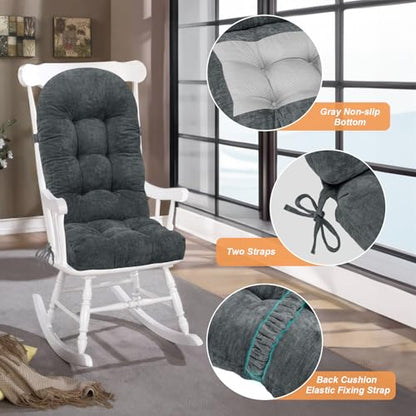 Rocking Chair Cushion - Chenille Fabric, High-Density Sponge, Durable Comfort Non-Slip Bottom Tufted Seat Pads with Ties, Chenille︱Dark Grey, 44x19x4 inch - color: Dark Grey