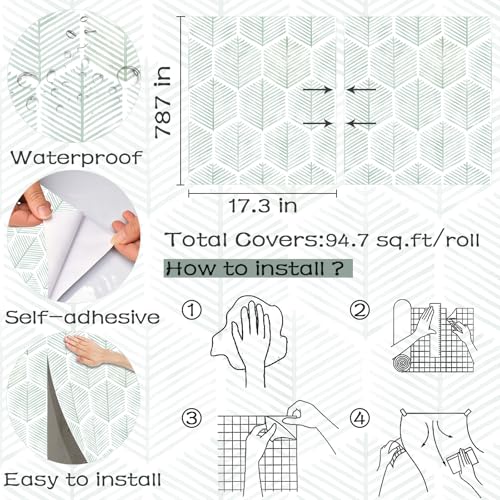 OSECAGE Modern Peel and Stick Wallpaper Boho Contact Paper 17.3''×787'' - color: Green, size: 17.3" x 787"
