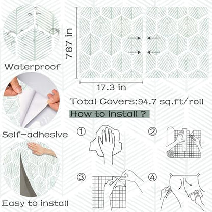 OSECAGE Modern Peel and Stick Wallpaper Boho Contact Paper 17.3''×787'' - color: Green, size: 17.3" x 787"