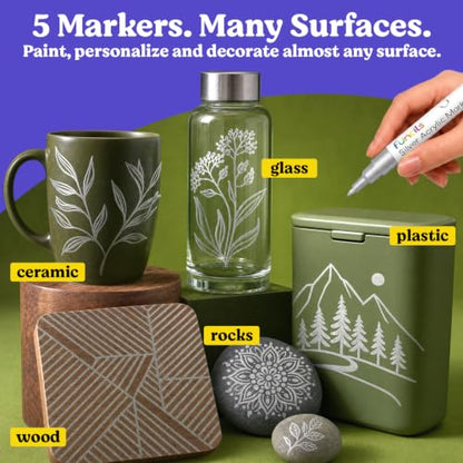 5 Silver Paint Marker Pens - Metallic Acrylic Paint Pen for Wood - color: Silver