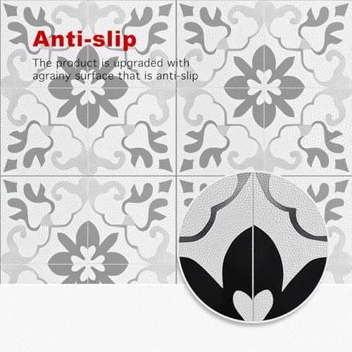 HOMETITUTE Black White Retro Peel Stick Vinyl Floor Tile 12x12 Inch - style: Black and Gray Vintage Floral