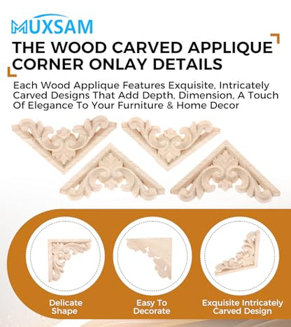 4Pcs Decorative Furniture Appliques Wood Carved Corner Onlays Wooden Decals - size: 2.36 x 2.36 inches