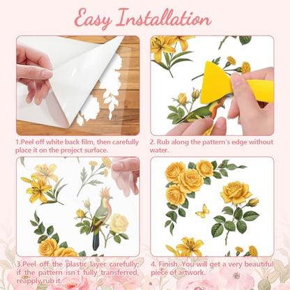 Peacoblue Yellow Vintage Flower Rub On Transfers for Furniture Craft 6"x12" - style: Yellow Vintage Flower