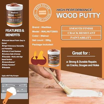 Walnut Wood Filler, 9.87oz Wood Putty, Paintable Stainable Repair Putty - color: Walnut