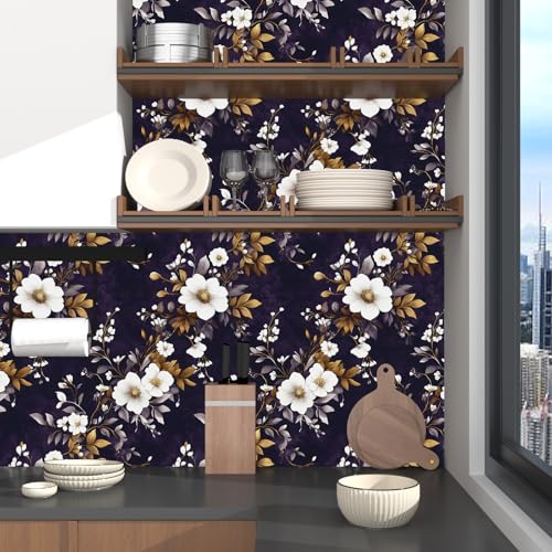 Laatse Dark Floral Peel and Stick Wallpaper 17.5" x 118",Purple/White - color: Purple White, size: 118" x 17.5"