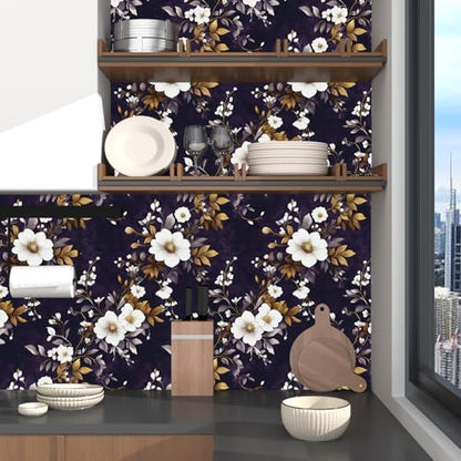 Laatse Dark Floral Peel and Stick Wallpaper 17.5" x 118",Purple/White - color: Purple White, size: 118" x 17.5"