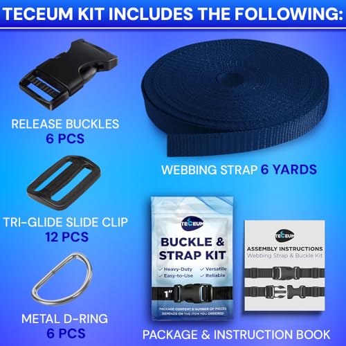 TECEUM 1" Nylon Strap Kit with Buckles, Navy Blue 6 yards Repair Set - color: Navy Blue, size: 1" - 6 yards, style: 6 Buckle - 12 Slides - 6 D-rind