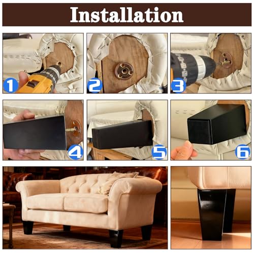 SHANJUE 5 Inch Black Couch Legs - Square Wood Sofa Legs for Furniture, 4PC - size: 5 inch