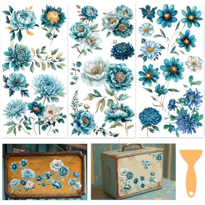 3 Sheets Teal Florals Rub on Transfers for Crafts, 12×6in