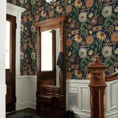 Simon&Siff Boho Sun Floral Retro Peel and Stick Wallpaper 17.3" x 800" - color: Blue, size: 17.3" x 800"