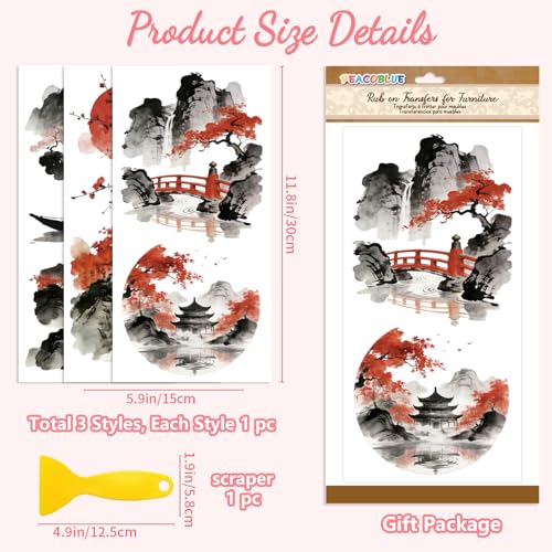 Peacoblue Chinese Ink Landscape Rub On Transfers for Furniture Craft 6"x12" - style: Chinese Style Ink Scenery