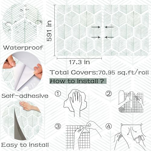 OSECAGE Modern Peel and Stick Wallpaper Boho Contact Paper 17.3''×591'' - color: Green, size: 17.3" x 591"