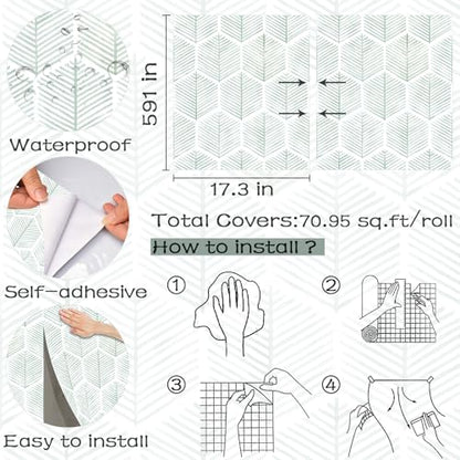 OSECAGE Modern Peel and Stick Wallpaper Boho Contact Paper 17.3''×591'' - color: Green, size: 17.3" x 591"