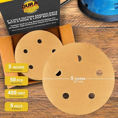 Dura-Gold 5" Gold Sanding Discs, 400 Grit, Box of 50, 5 Hole Pattern, H & L - size: 400 Grit