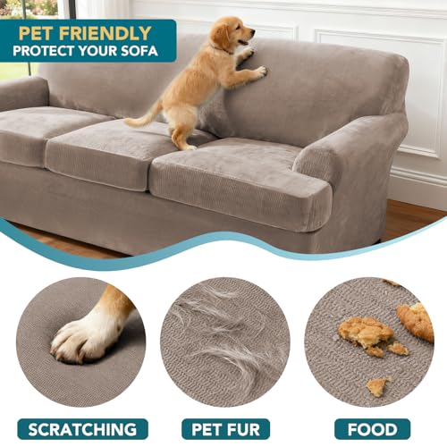 Turquoize Sofa Cover 3 Piece T Cushion Loveseat Covers for 2 Cushion Couch Thick Velvet Couch Cover Stretch Furniture Covers with 2 Individual T Cushion Covers, Washable (2 Cushion Loveseat, Taupe) - color: Taupe, size: Loveseat (2 Cushion)