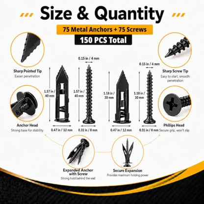 Jyphorixal 150Pcs Self Drilling Drywall Anchors with Screws Kit,Zinc Plated Steel,2 Sizes Expansion Screws and 2 Sizes Wall Anchors, Easy Application No Drill or Holes in Wall.(Electrophoretic Black) - size: Black 150Pcs 2Size kit