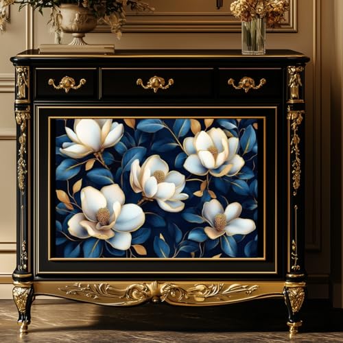 Peacoblue Blue Magnolia Rub On Transfers for Furniture 6"x12" - style: Gold Edges and Blue Background