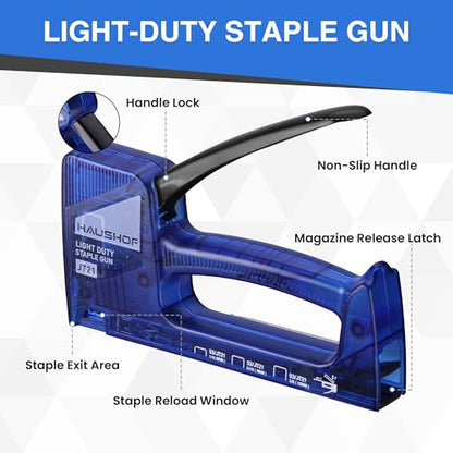 HAUSHOF Light Duty Staple Gun, Upholstery Staple Gun with 800PCS JT21 Staples and Stapler Remover, Fits JT21 Staple of 1/4'', 5/16'' & 3/8'', Used for Wood, Classroom, Crafts, DIY (Blue Transparent) - color: Blue Transparent